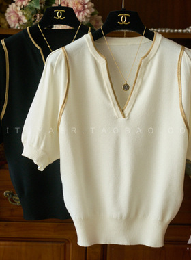 上身气质狂赞 品味金丝线走边剪刀领短袖针织衫O05082