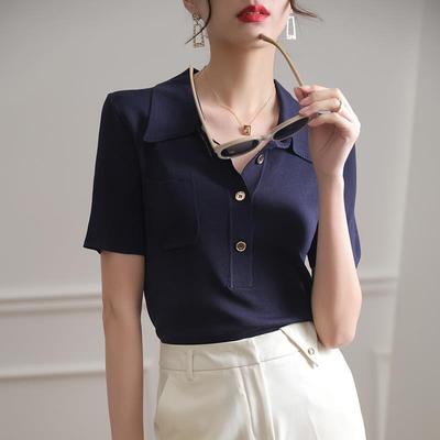 藏蓝冰丝针织衫T恤短袖polo领
