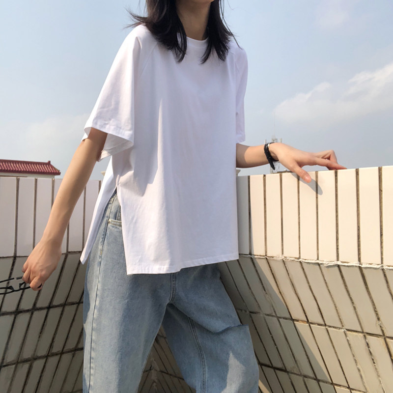 白色棉质T恤女夏中长款开叉短袖韩版ins潮学生宽松半袖体桖上衣服