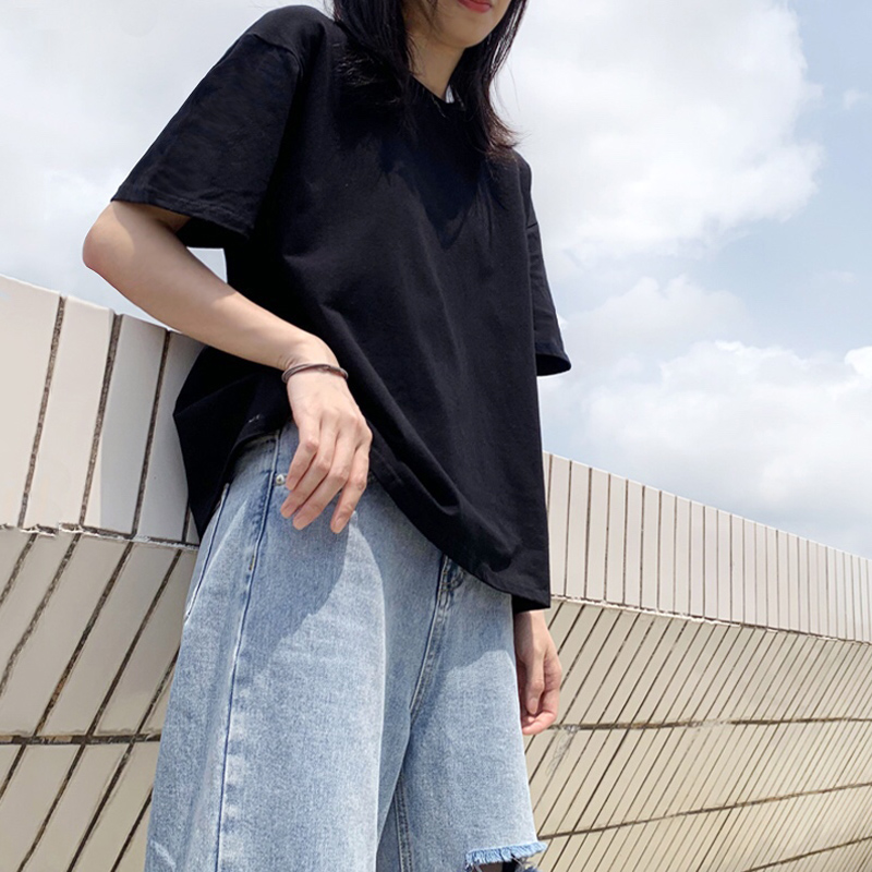 简约ins黑色t恤女宽松学生韩版夏季纯棉纯色圆领内搭短袖体恤上衣