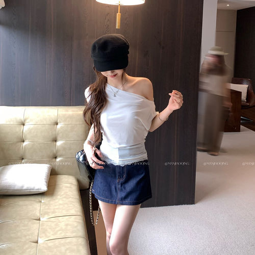莱赛尔天丝羊毛蕾丝花边斜肩短袖T恤女2026夏季新款修身纯欲上衣
