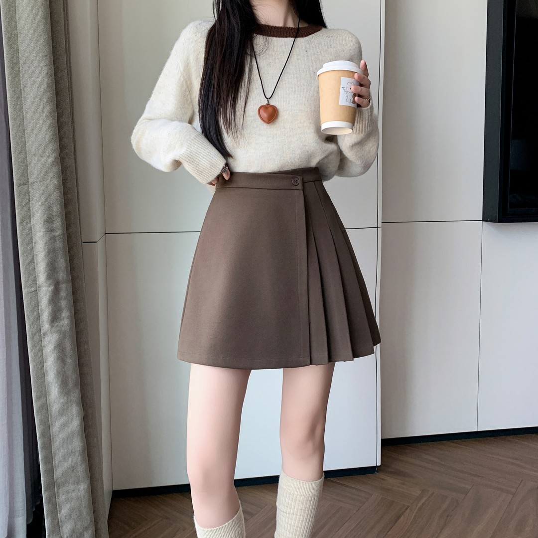 不规则毛呢咖色半身裙高腰短裙女