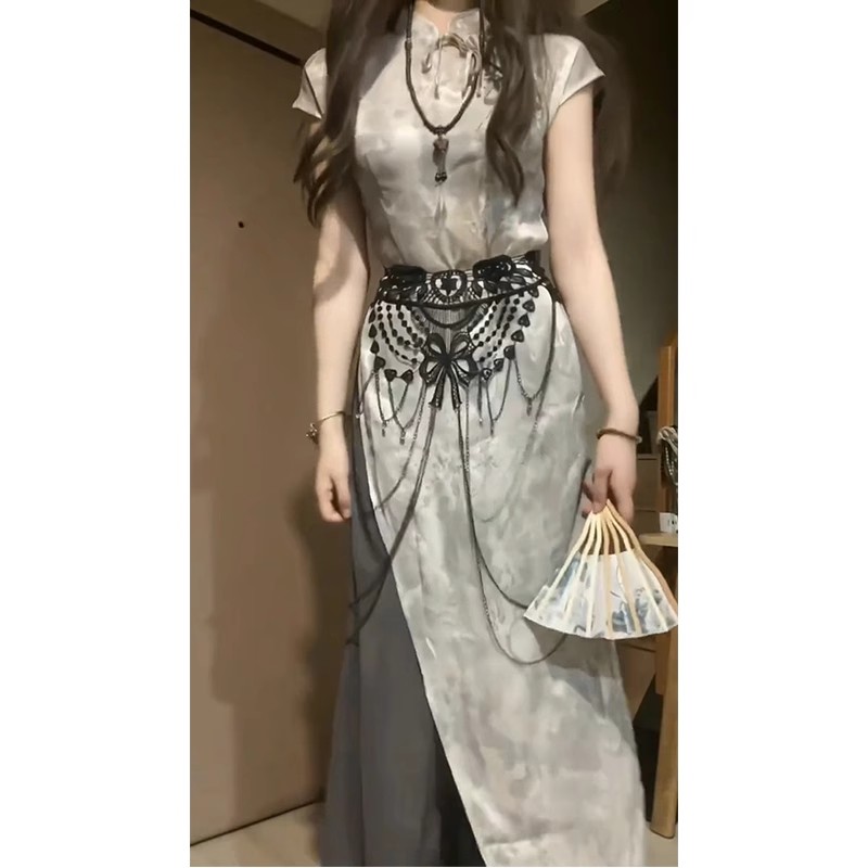 新中式晕染不规则旗袍上衣垂感阔腿裤国风腰链显瘦套装三件套汉服