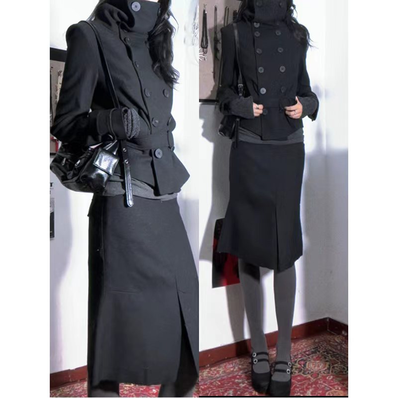 【古着少女】日系古早味套装冬季立领双排扣外套气质半身裙两件套