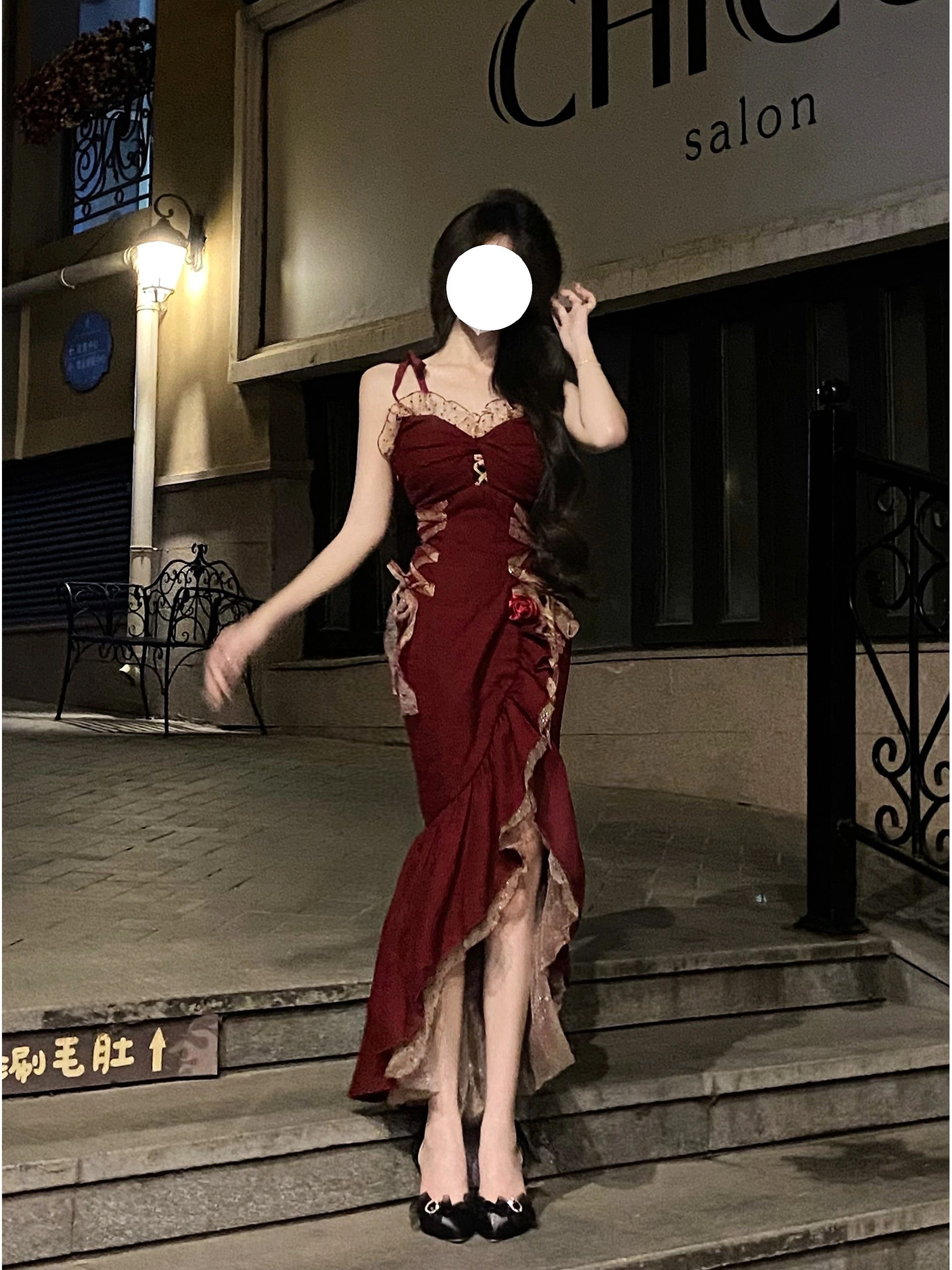 酒红色洛丽塔吊带连衣裙女生日小礼裙lolita裙鱼尾长裙包臀裙气质