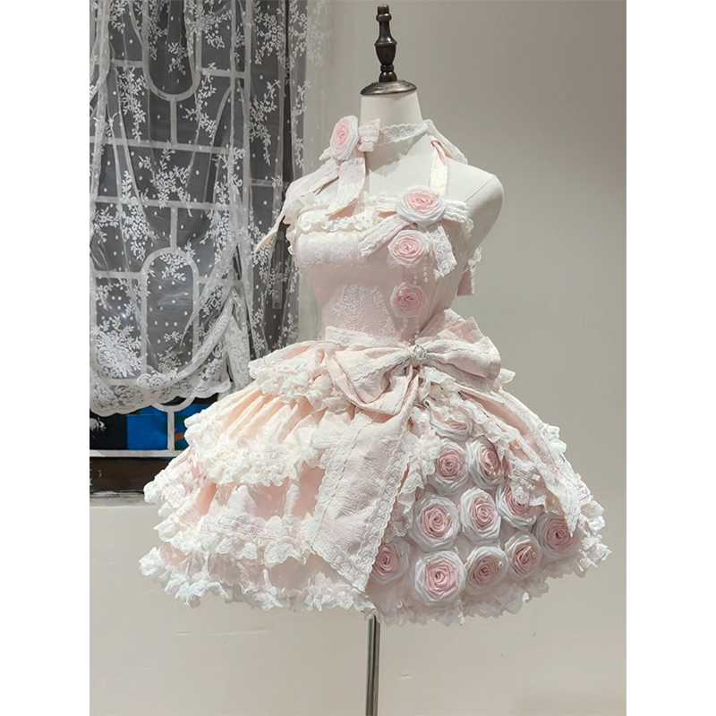 粉色玫瑰小礼服lolita裙可爱甜妹生日礼裙优雅少女公主裙洛丽塔