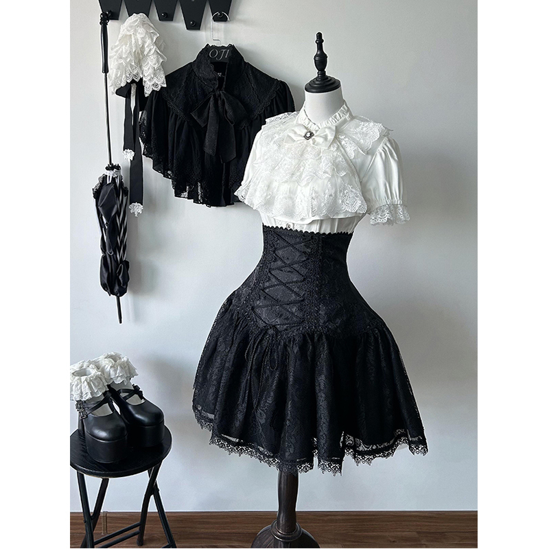 黑白哥特风亚文化Lolita裙衬衫口水巾短款SK半裙套装日系洛丽塔