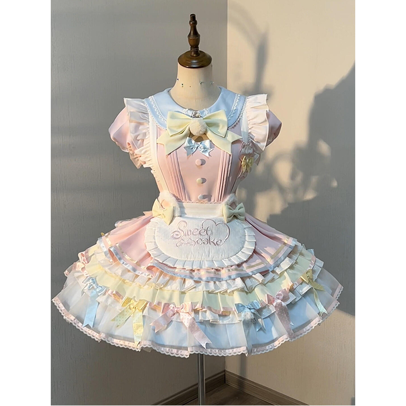 蓝粉可爱少女蝴蝶结娃娃领lolita裙蕾丝花边背带围裙两件套洛丽塔