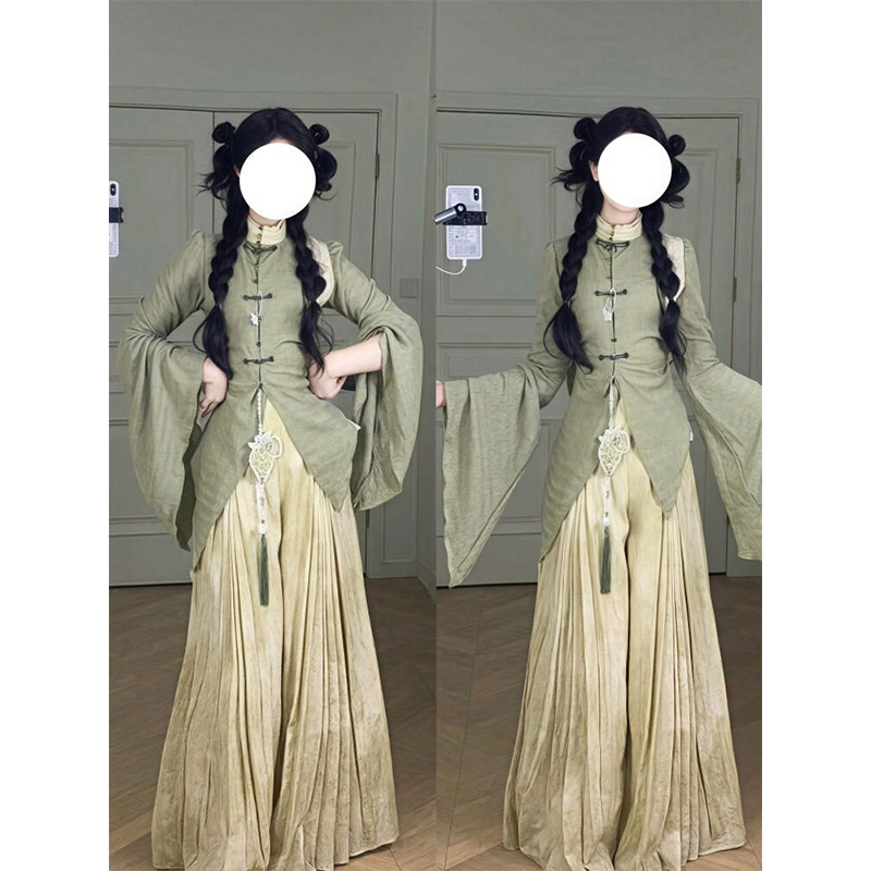 国风新中式盘扣上衣不规则禅意长袖高腰宽松长裤遮肉显瘦阔腿裤子