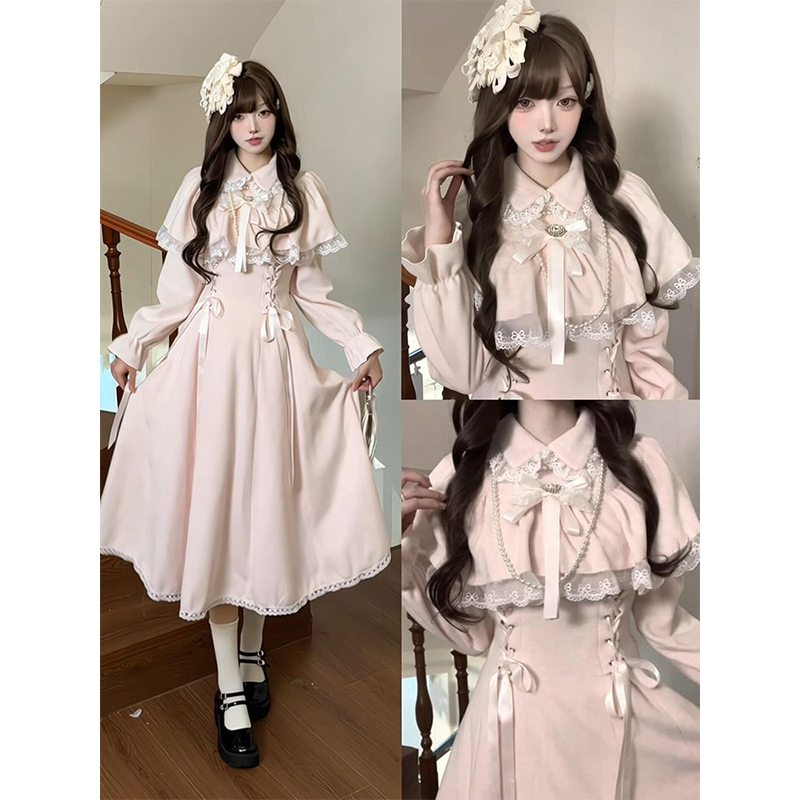 粉色清楚系日系甜美蕾丝拼接蝴蝶结假两件斗篷披肩lolita裙洛丽塔