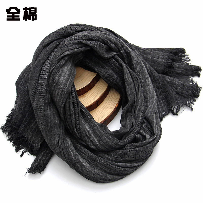 棉麻围巾男士韩版冬季休闲百搭复古长款纯黑色全棉肌理围脖女冬天