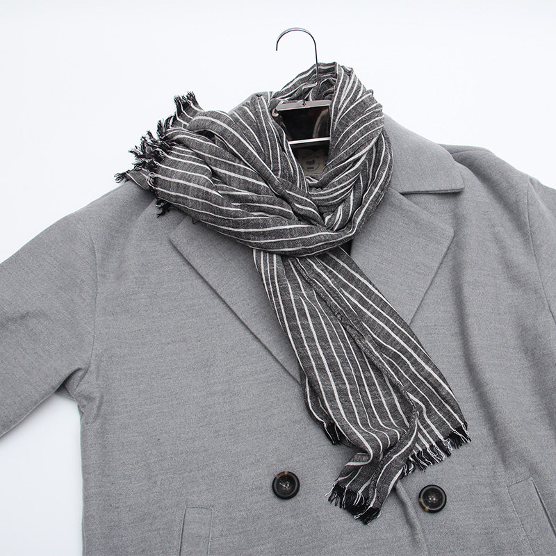 冬季棉麻围巾男女春秋文艺复古黑色薄款条纹围脖学生时尚日系脖套