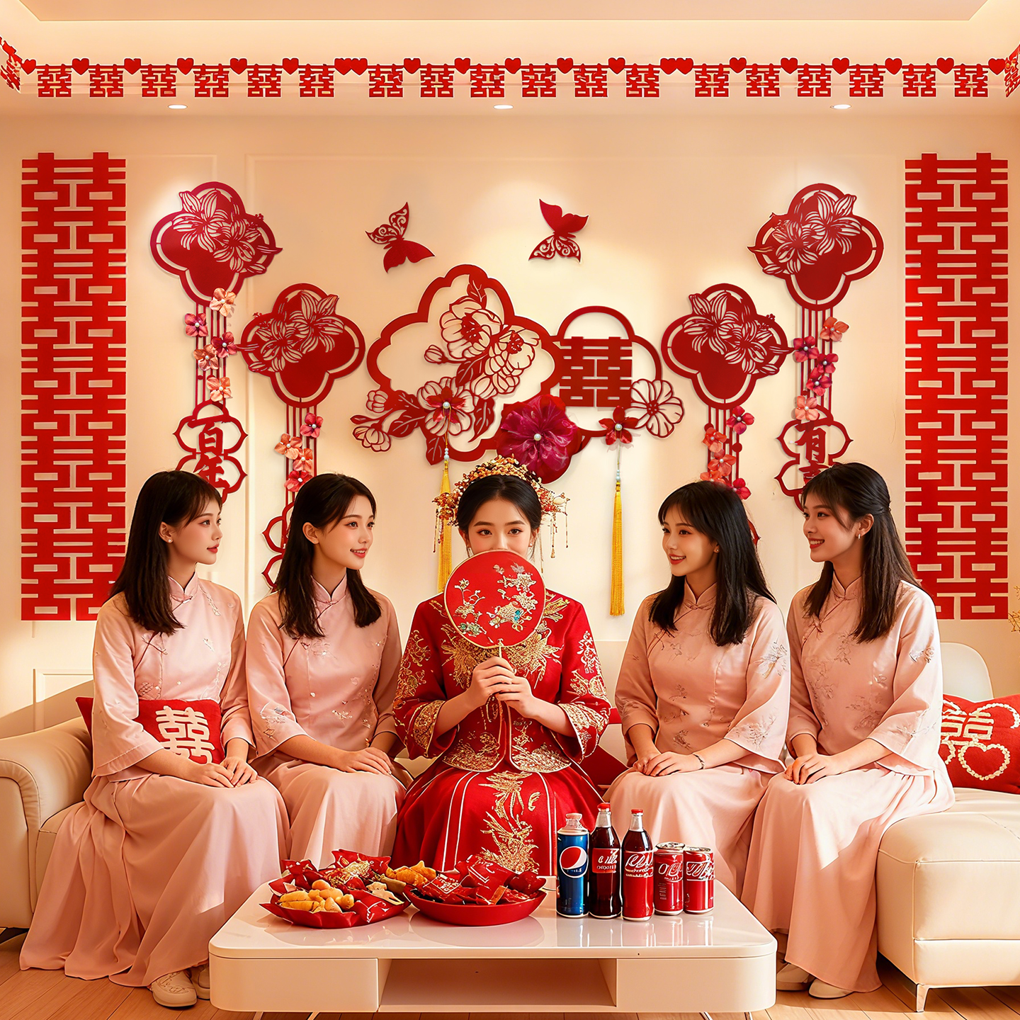 婚房喜字绒面花扇背景墙套装布置