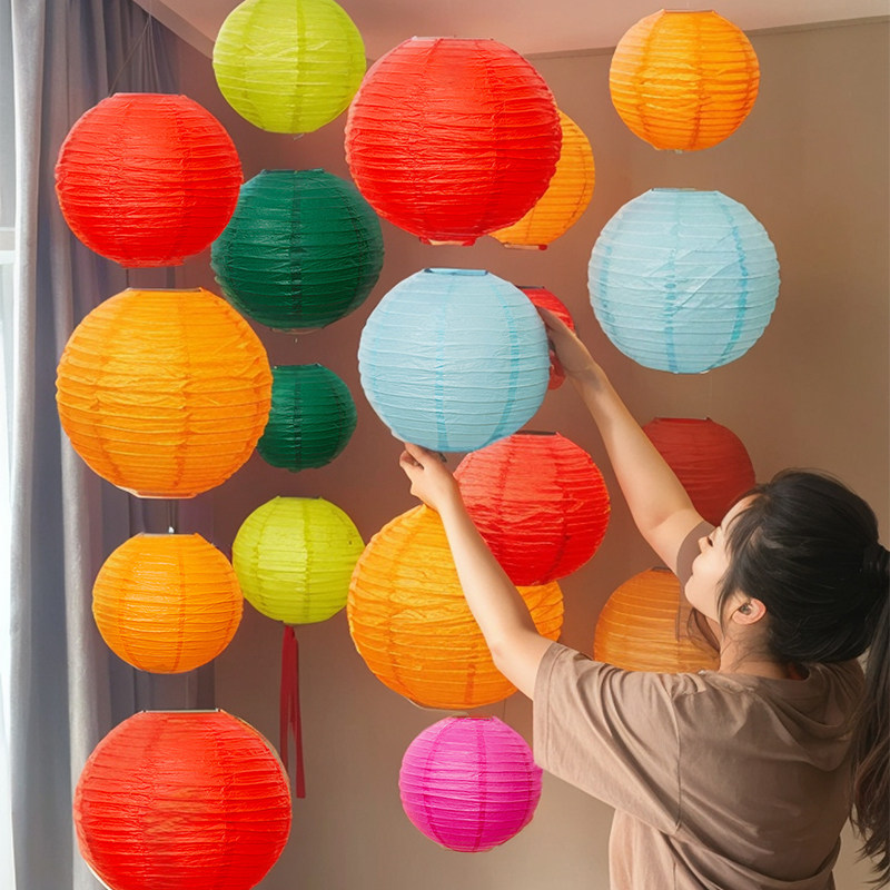 婚礼布置彩色灯笼手工diy中式婚庆纸灯笼装饰可折叠手工圆形灯笼