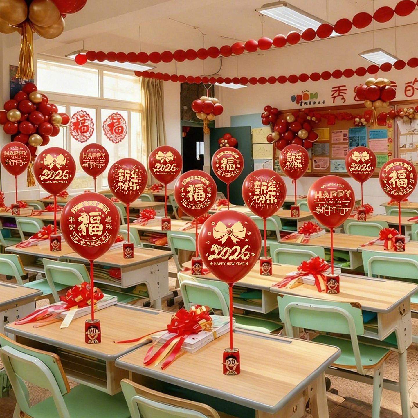 新年幼儿园学校教室气球桌飘装饰