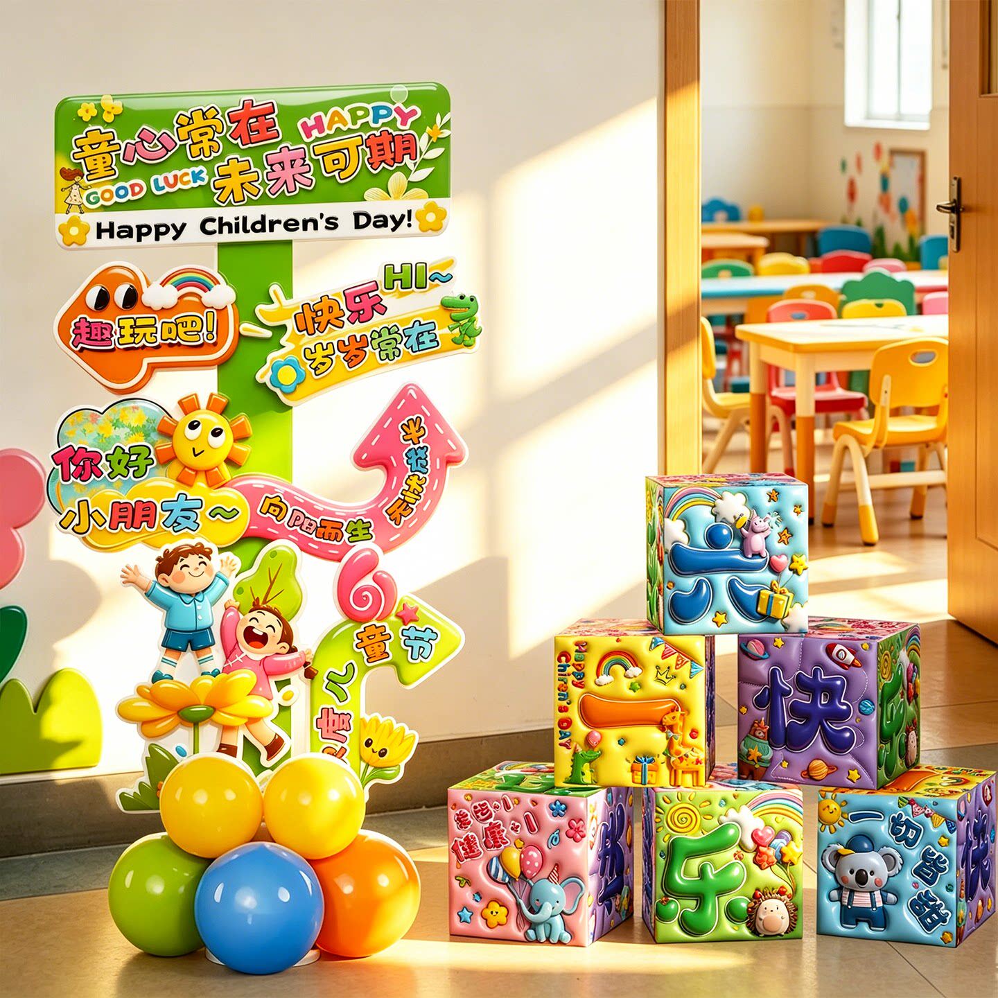 六一儿童节教室布置场景装饰幼儿园班级门口迎宾kt板气球立柱摆件