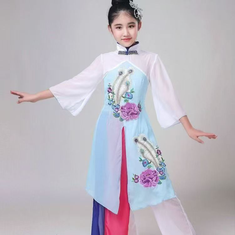 儿童古典舞演出服女中国风飘逸清新淡雅扇子舞伞舞秧歌舞蹈表演服