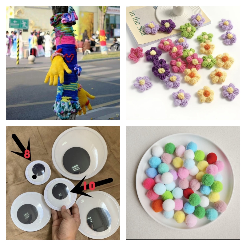 手工diy小红花编织毛线泡芙花