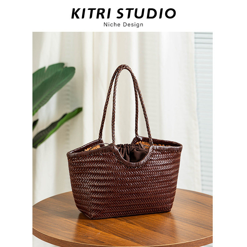 KITRI小众纯手工牛皮编织包单肩手提菜篮子包托特包复古真皮女袋