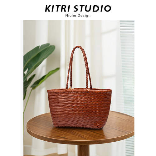 KITRI手工牛皮编织包真皮单肩手提包法式复古菜篮子大容量托特包