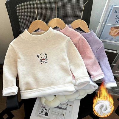 儿童加绒加厚保暖上衣女孩秋冬季打底男宝绒衣毛衣小中大童百搭衫