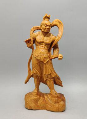 天然崖柏哼哈二将实木摆件木质雕