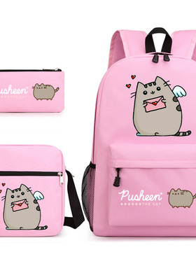 Pusheen胖吉猫三件套书包休闲女中学生背包印花大容量户外帆布包