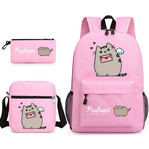 Pusheen胖吉猫三件套书包休闲女中学生背包印花大容量户外帆布包