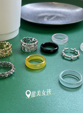 韩国十字架戒指小众高级感ins叠戴黑玛瑙素圈食指开口指戒
