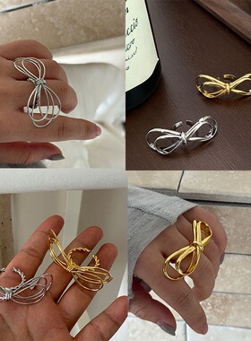 真金电镀简约几何线条缠绕不规则蝴蝶结戒指小众设计扭结开口指戒