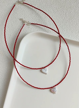 韩系手工红色串珠竹节项链贝壳锁骨链气质简约短链叠戴饰品