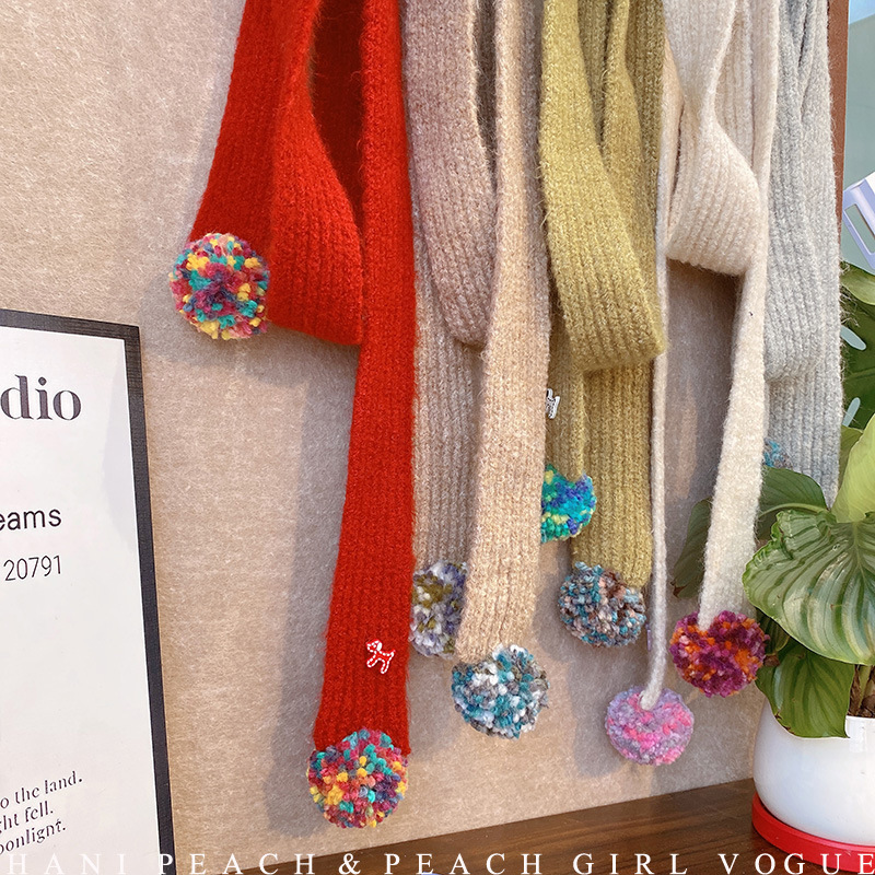 HD10322A04球1新款纯色长条针织毛线围巾百搭细窄羊毛保暖围脖女