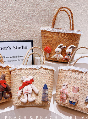 HD418A08夏季度假沙滩风草编包手提包森系文艺蕾丝边手提包包少女