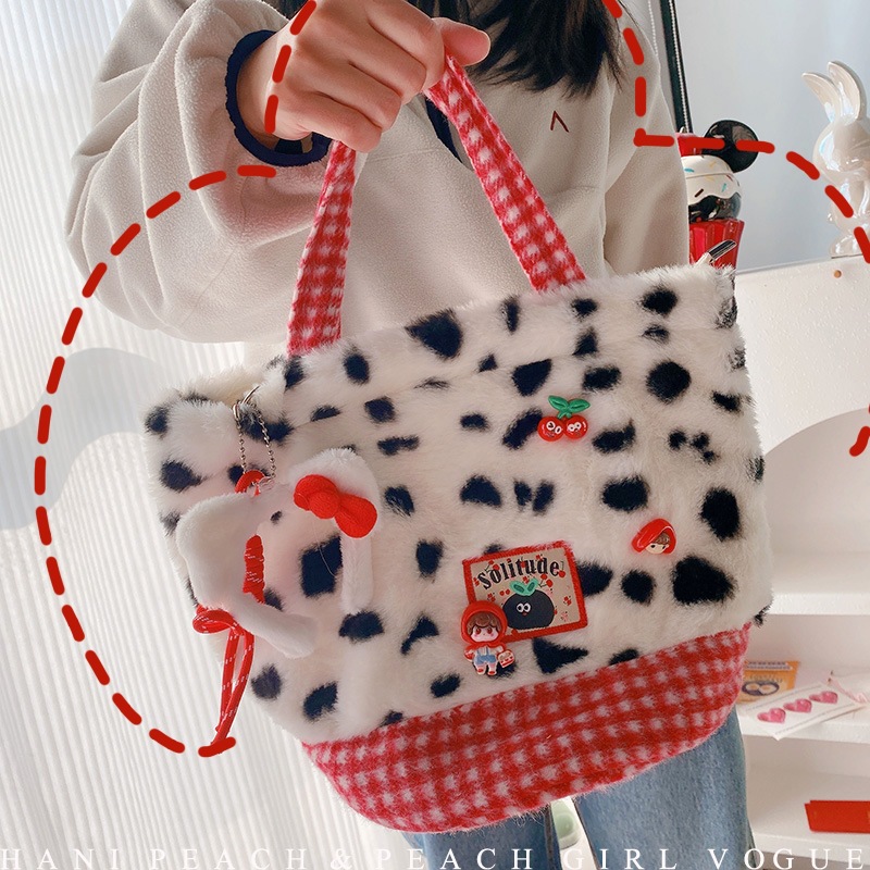 HD1146A05红格子豹纹波点毛绒手提包冬季通勤少女休闲百搭小方包