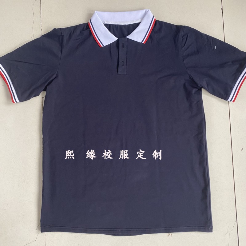 定制夏季校服半袖上衣藏蓝色红白杠翻领短袖T恤初高中小学生运动