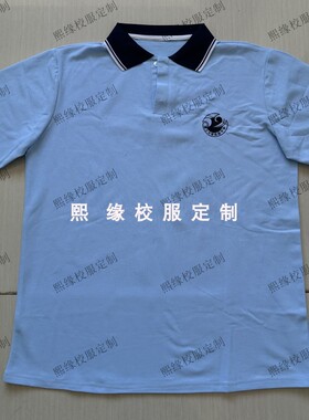 定制夏季校服半袖上衣浅蓝色拼接藏蓝色白条纹翻领短袖T恤初高中