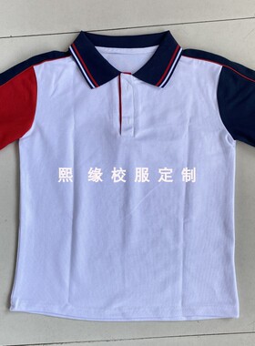 定制夏季校服半袖上衣红白藏蓝色拼接翻领短袖T恤初高中小学生棉