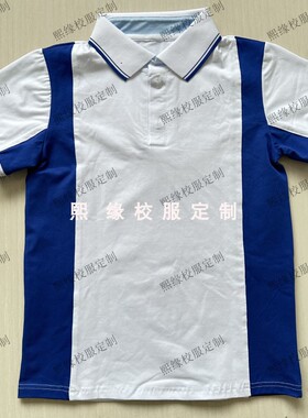 定制夏季校服半袖上衣宝蓝色拼接白色翻领短袖T恤初高中小学生棉
