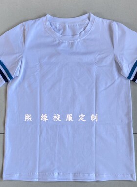 定制北京进步小学夏季校服短袖上衣白色圆领运动半袖T恤蓝色条纹