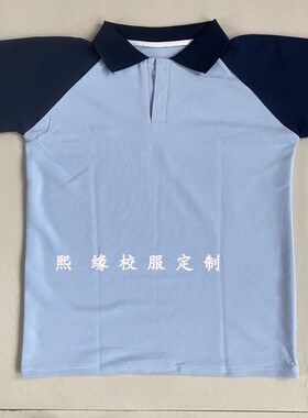定制广州白云区新纪元夏季校服半袖上衣浅蓝色拼接藏蓝红白杠翻领