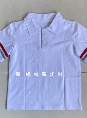 定制都司街小学夏季校服半袖上衣白色翻领T恤反光条运动短袖棉