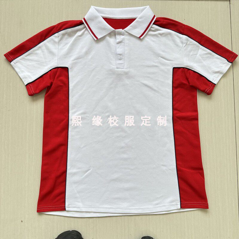 定制夏季校服半袖上衣白色拼接红色藏蓝色细条纹翻领短袖T恤 - 实物图