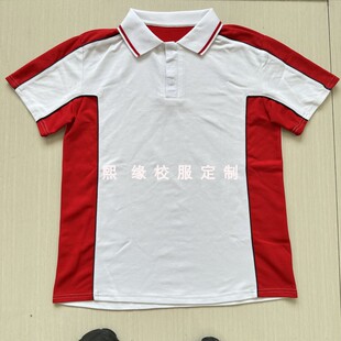 定制夏季校服半袖上衣白色拼接红色藏蓝色细条纹翻领短袖T恤