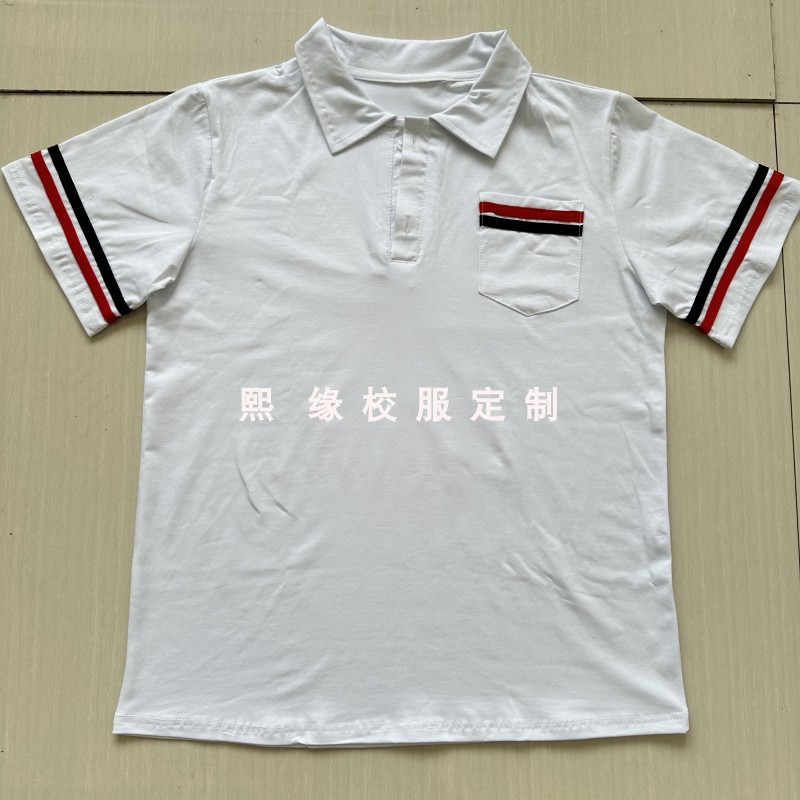 定制夏季校服半袖上衣白色翻领红色藏蓝条纹口袋短袖T恤初高中小