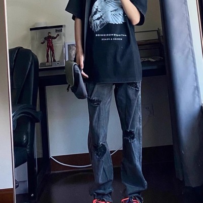 黑色美式破洞牛仔裤男士夏季休闲