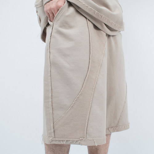 pants正反弧度拼接毛边原创短裤