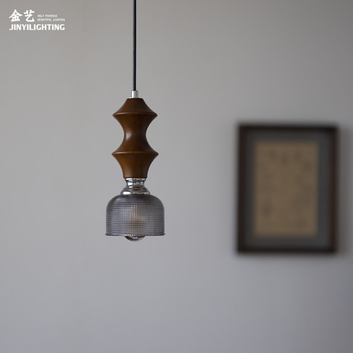 实木玻璃中古风床头设计感小吊灯