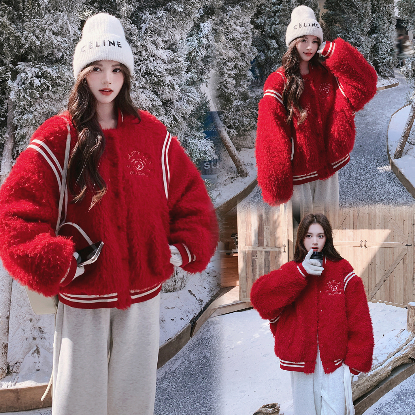 7350圣诞红羊羔毛夹棉加厚棒球服外套P245控368