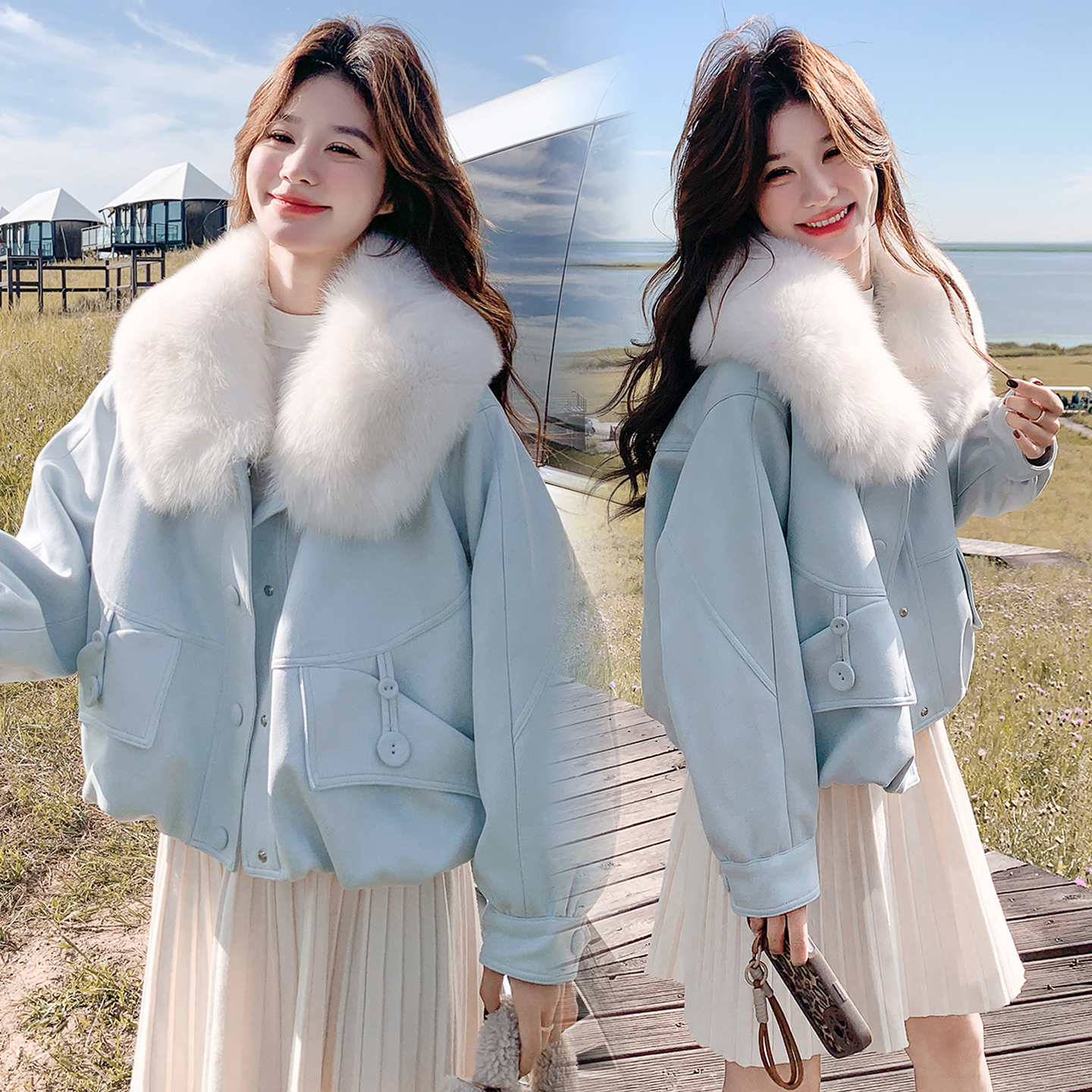 7327 90羽绒内胆环保大毛领麂皮绒外套P275控418