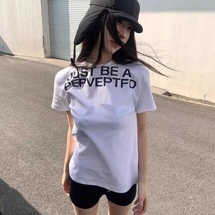 美式复古白色字母印花纯棉短袖t恤女夏季修身显瘦正肩短款上衣ins